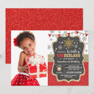 Red Gold Snowflake Winterurlaub 1. Geburtstag Einladung