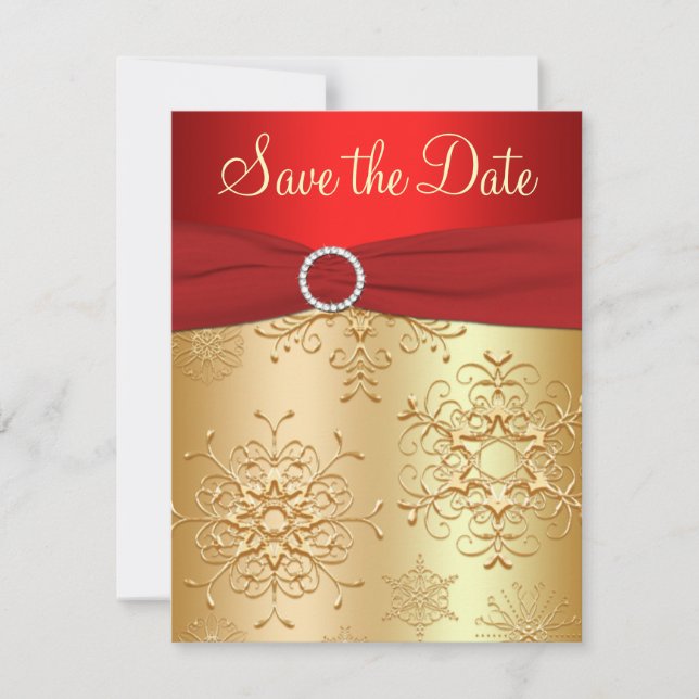 Red, Gold Snowflakes Wedding Enregistrer la carte  (Devant)
