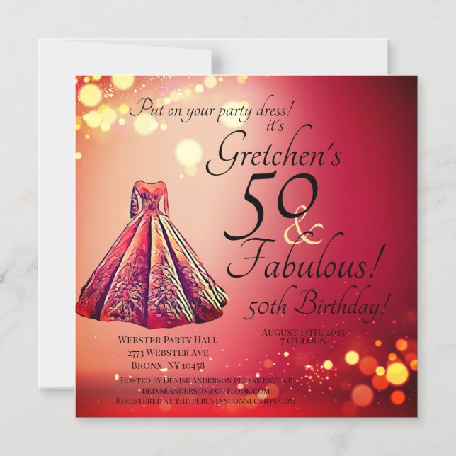 Red Gold Sparkle 50 & Fabulous 50. Geburtstag Magneteinladung (Vorderseite)