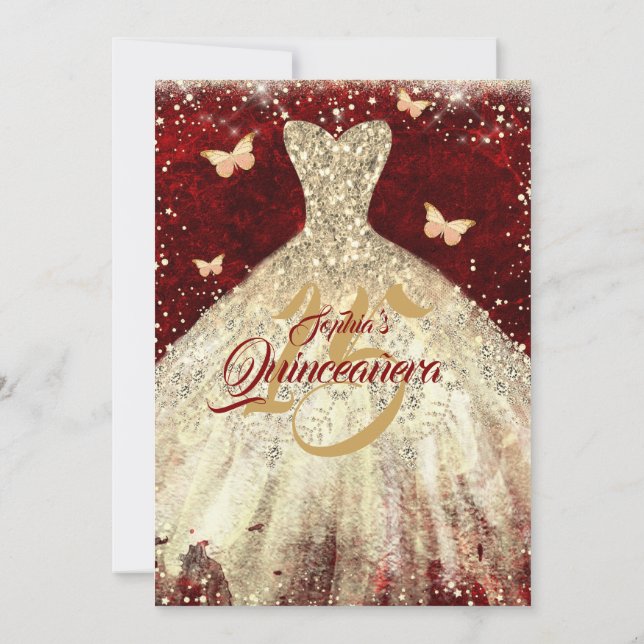 Red Gold Sparkle Butterfly Dress Quinceanera Einladung (Rückseite)
