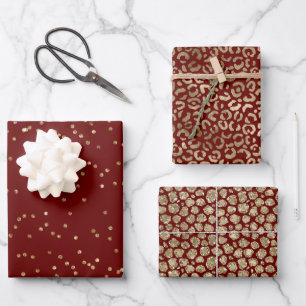 Red Gold Sparkle Dots Leopard Print     Geschenkpapier Set