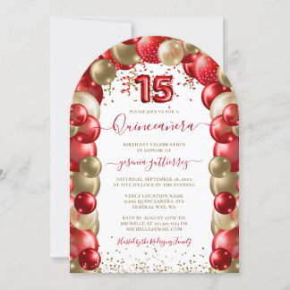 Red Gold Sparkle Quinceañera Balloon Einladung