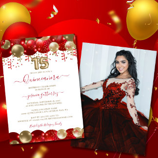 Red Gold Sparkle Quinceañera Balloon Foto Einladung