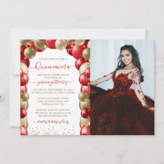 Red Gold Sparkle Quinceañera Balloon Foto Einladung