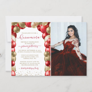 Red Gold Sparkle Quinceañera Balloon Foto Invita Einladung
