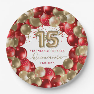Red Gold Sparkle Quinceañera Balloon Pappteller