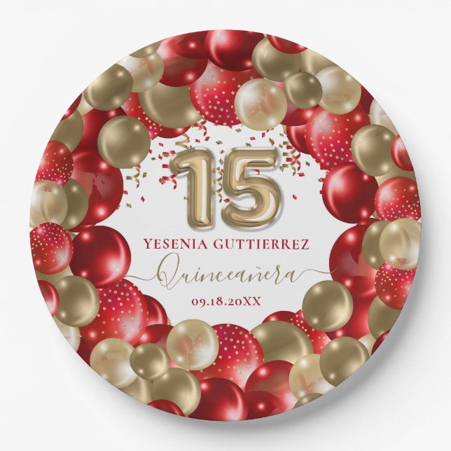 Red Gold Sparkle Quinceañera Balloon Pappteller (Vorderseite)