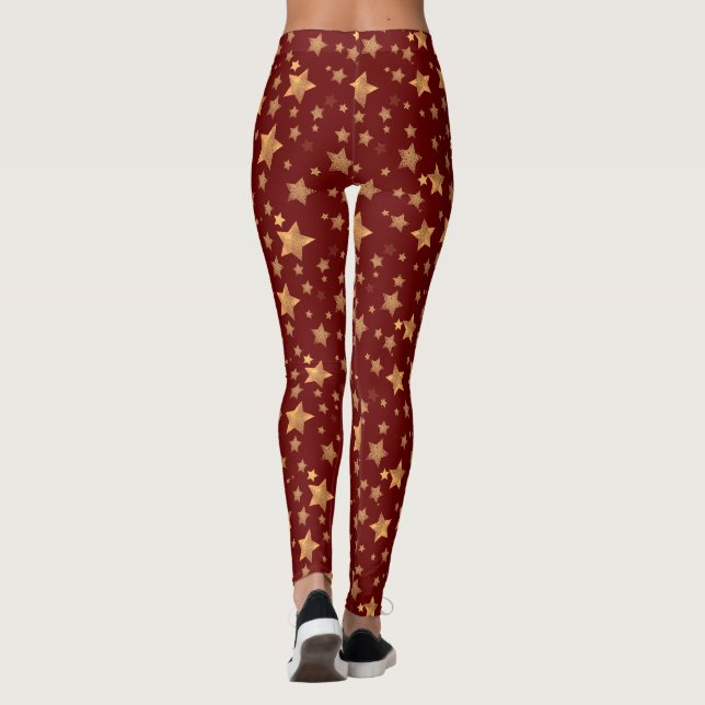 Red Gold Star Traditionelles Retro Weihnachtsmuste Leggings (Rückseite)