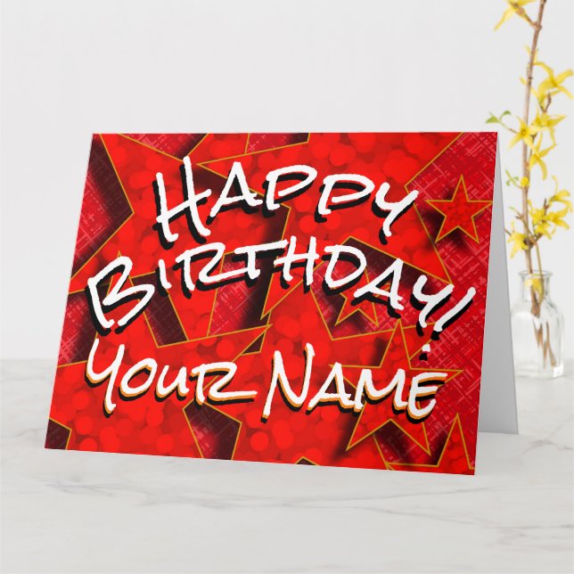 Red Gold Stars Votre Nom Bonne Carte Anniversaire (Fleur jaune)