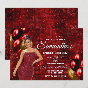 Red & Gold Sweet 16 Girl Birthday Invitation