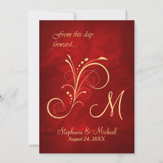 Red Gold Swirl Monogram Wedding Einladung (Vorderseite)