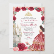 Red Gold Tiara Princess Quinceañera Einladung