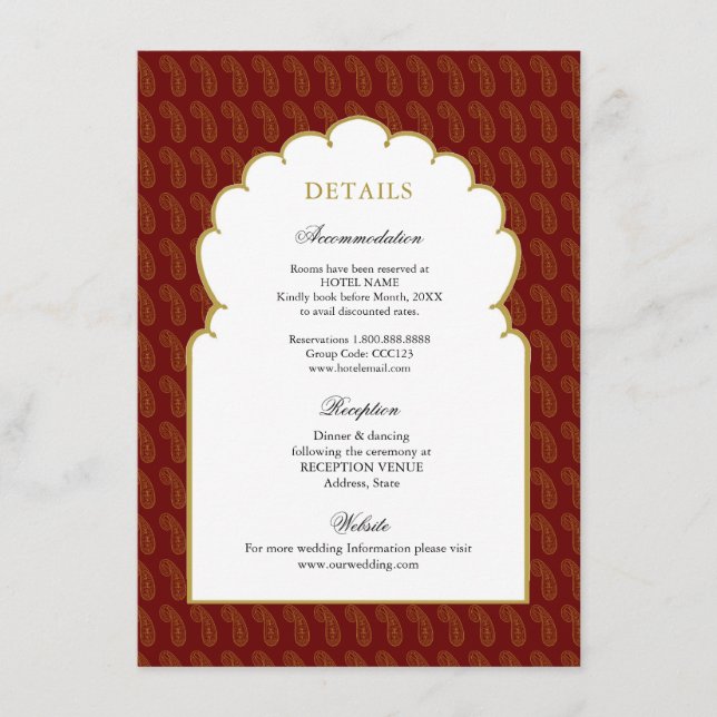 Red & Gold Traditionelle indische Hochzeitsdetails Begleitkarte (Vorderseite)