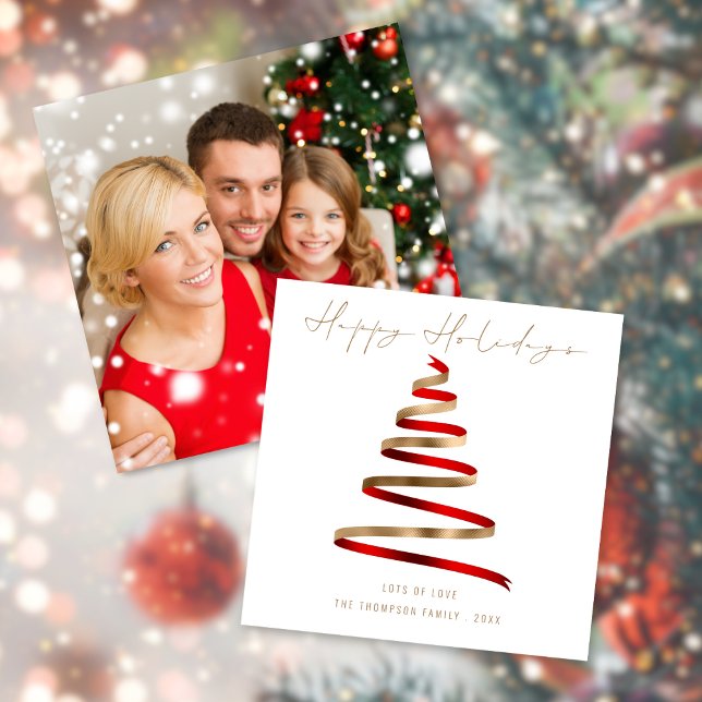 Red Gold Tree Photo Christmas Happy holidays Mitteilungskarte (Front and back view)