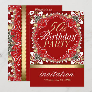 Red+Gold Tropical 50th Birthday Party Invitations