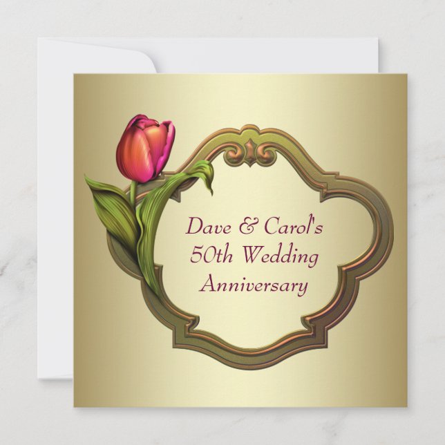 Red Gold Tulip 50. Hochzeitstag Einladung (Vorderseite)