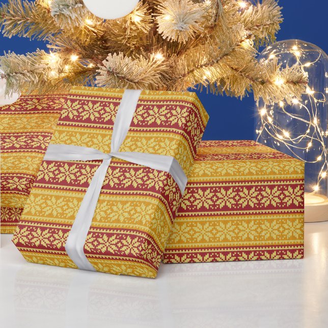 Red Gold Ugly Sweater Gezwirnt Weihnachtsschneeflo Geschenkpapier (Feiertage)