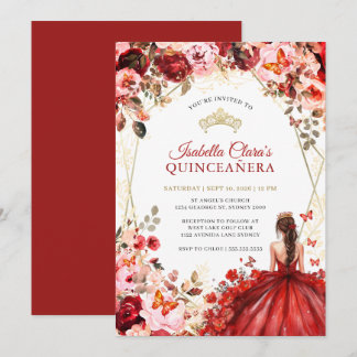 Red Gold verzauberte Blumenprinzessin Quinceanera Einladung