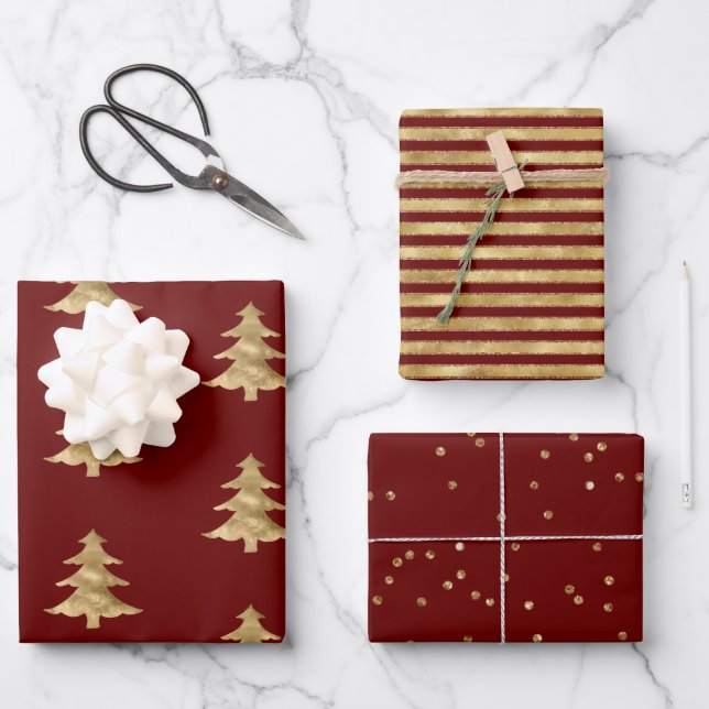 Red Gold Weihnachtsbaum Streifen Sparkle Geschenkpapier Set (Vorderseite)