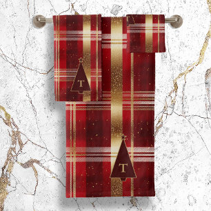 Red Gold Weihnachtsbaum Tartan Muster#7 ID1009 Badhandtuch Set