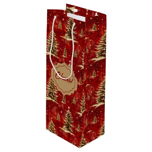 Red Gold Weihnachtsbaumen Geschenktüte Für Weinflaschen (Vorderseite Schrägansicht)