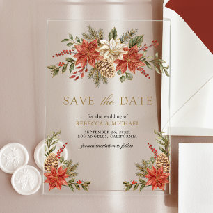 Red Gold Weihnachtsblumen Hochzeit Retten Sie das Acryleinladungen