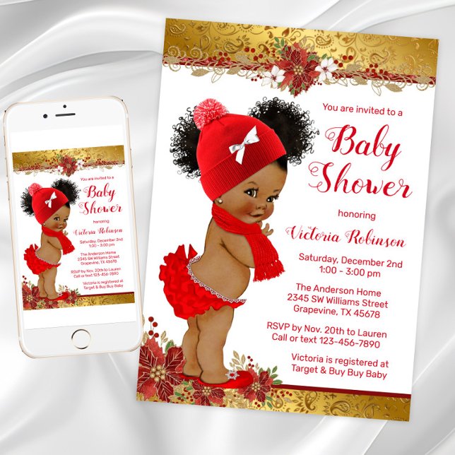 Red Gold Weihnachtsdusche Einladung (Adorable Girl Christmas Baby Shower Invitation. Instant download and printed invitations available.)