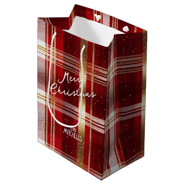 Red Gold Weihnachtsmuster Tartan Muster#7 ID1009 Mittlere Geschenktüte (Vorderseite Schrägansicht)