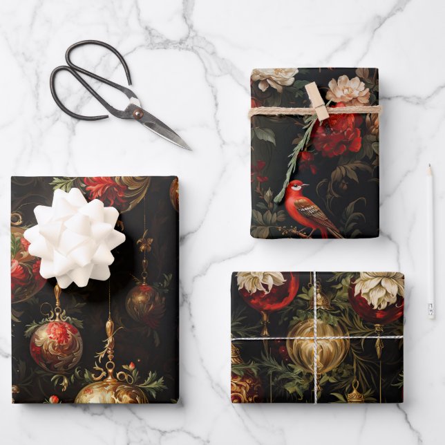 Red Gold Weihnachtsschmuck und Vögel Geschenkpapier Set (Vorderseite)