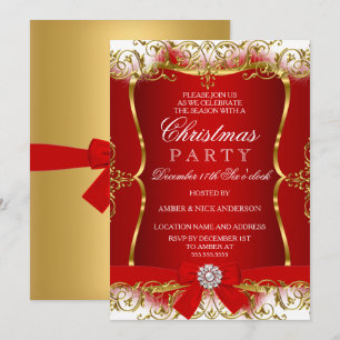 Red Gold White Damask Bow Weihnachtsfest Party Ein Einladung