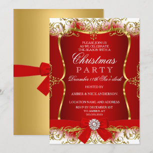Red Gold White Damask Bow Weihnachtsfest Party Ein Einladung