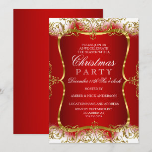 Red Gold White Damask Weihnachtsfest Party Einladu Einladung