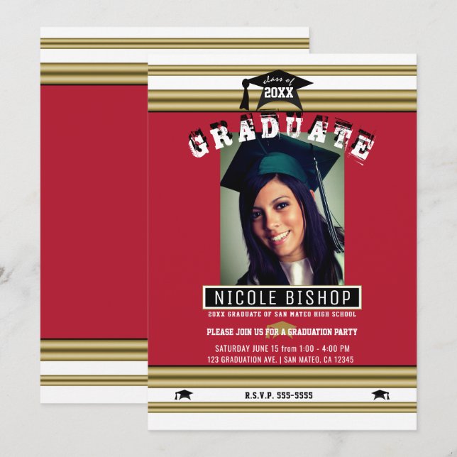 Red Gold White Elegante Foto Graduation Party Einladung (Vorne/Hinten)