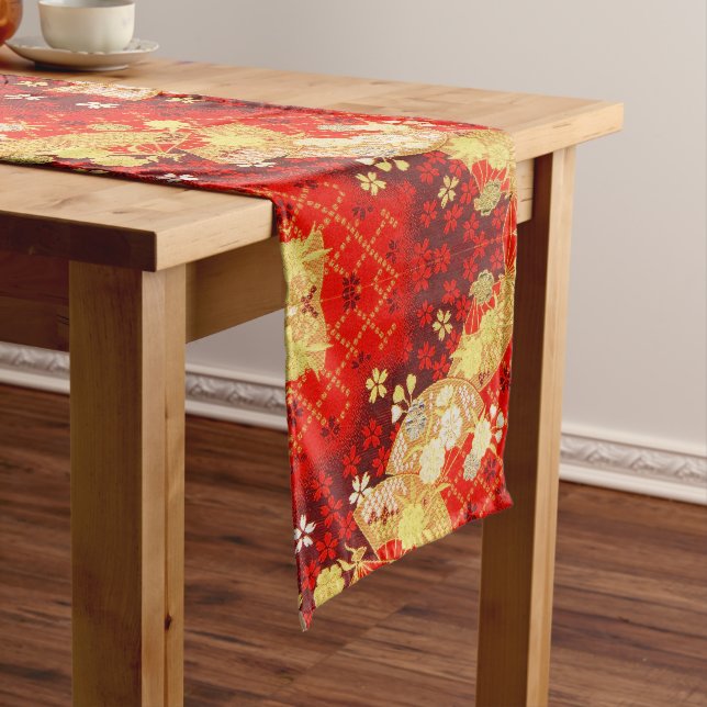 Red Gold White Japanisch Floral Cotton Dining Kurzer Tischläufer (Beispiel)