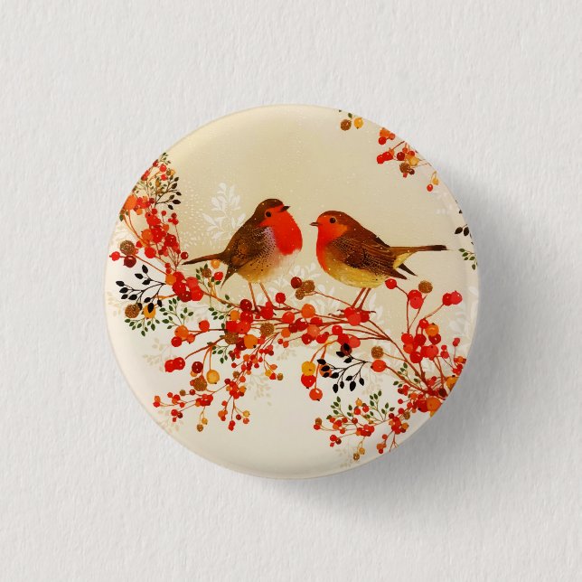 Red Gold Winter Birds Holly Berry Branches Button (Vorderseite)