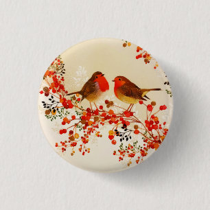 Red Gold Winter Birds Holly Berry Branches Button