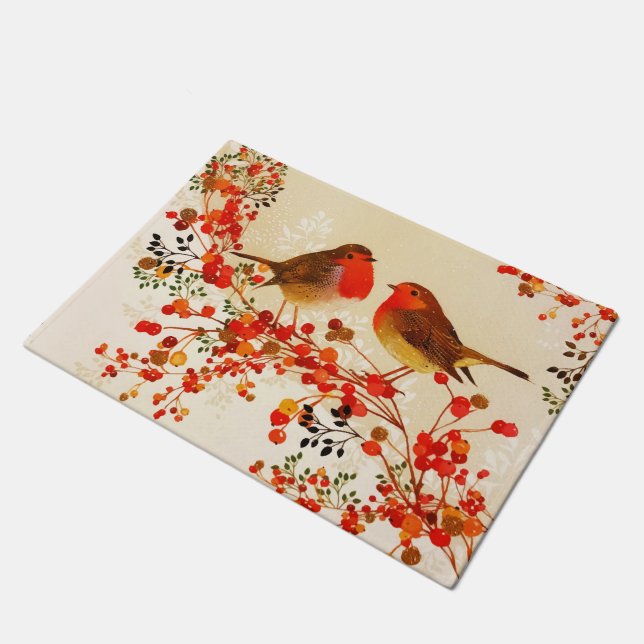 Red Gold Winter Birds Holly Berry Branches Fußmatte (Schrägansicht)