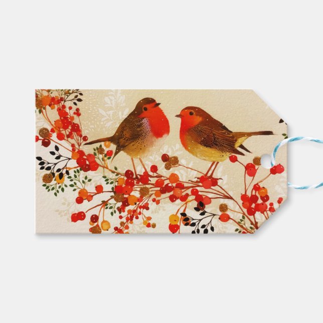 Red Gold Winter Birds Holly Berry Branches Geschenkanhänger (Vorderseite (Horizontal))