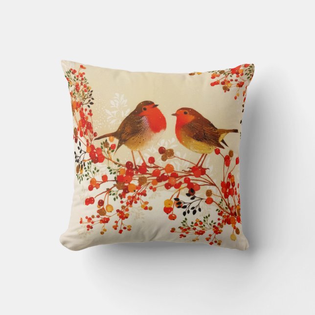 Red Gold Winter Birds Holly Berry Branches Kissen (Vorderseite)