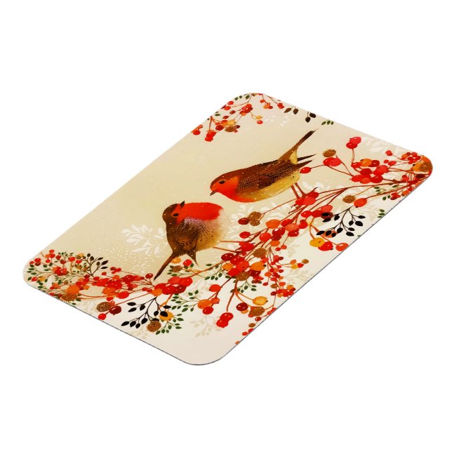 Red Gold Winter Birds Holly Berry Branches Magnet (Linke Seite)