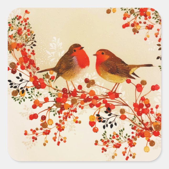 Red Gold Winter Birds Holly Berry Branches Quadratischer Aufkleber (Vorderseite)