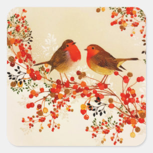 Red Gold Winter Birds Holly Berry Branches Quadratischer Aufkleber