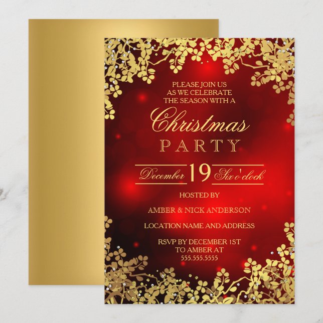 Red Gold Wreath Christmas Party Einladung (Vorne/Hinten)