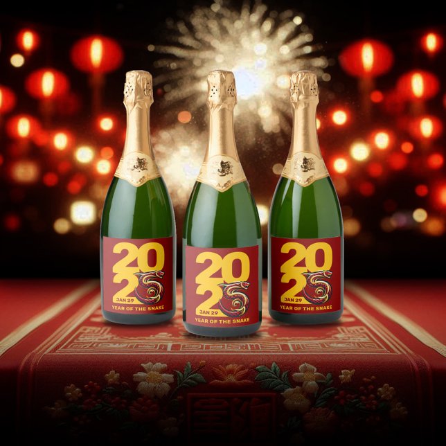 Red Gold Year of the Snake 2025 (CNY 2025 Sparkling Wine Trio of Bottles Fireworks Lanterns Cover Photo)