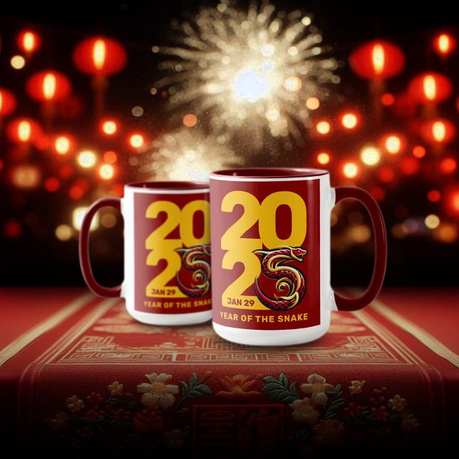 Red Gold Year of the Snake 2025 Tasse (CNY 2025 15oz Two-Tone Mugs Fireworks Lanterns Cover Photo)