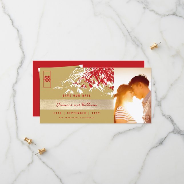 Red Gold Zen Bamboo Blätter Foto Chinesische Hochz Save The Date (Vorderseite/Rückseite Beispiel)