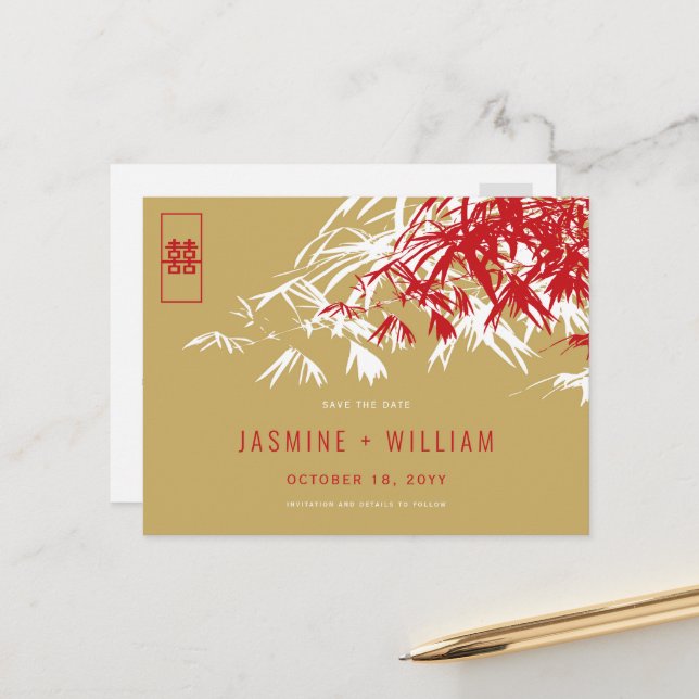 Red Gold Zen Bamboo Chinesische Hochzeit retten da Ankündigungspostkarte (Vorderseite/Rückseite Beispiel)