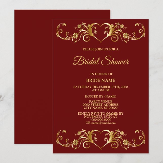 Red Golden Geometric Elegant Bridal Shower Party Einladung (Vorne/Hinten)
