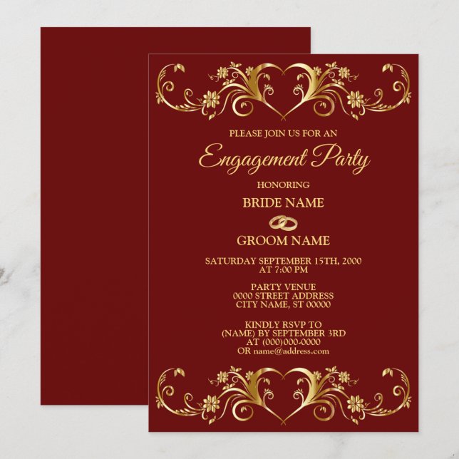 Red Golden Geometric Elegant Engagement Party Einladung (Vorne/Hinten)