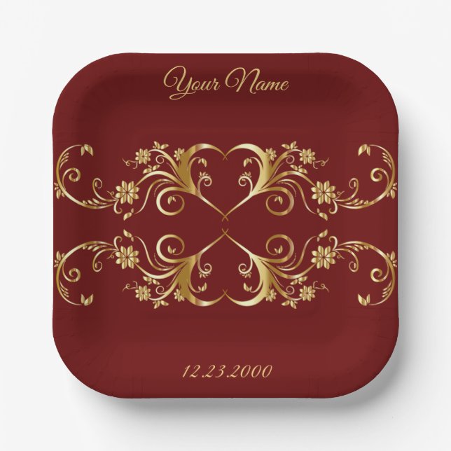 Red Golden Geometric Elegant Wedding Party Pappteller (Vorderseite)
